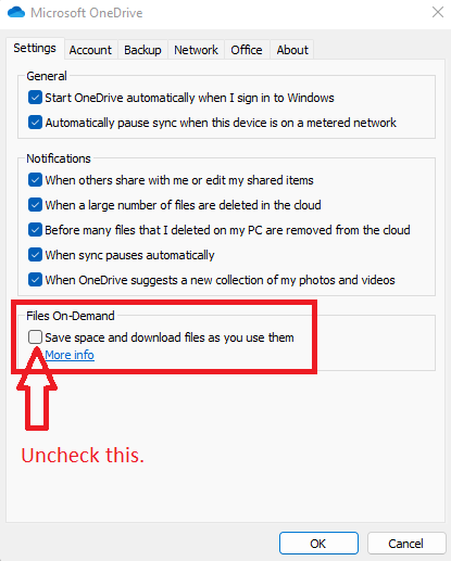 Uncheck OneDrive's Files-on-demand checkbox
